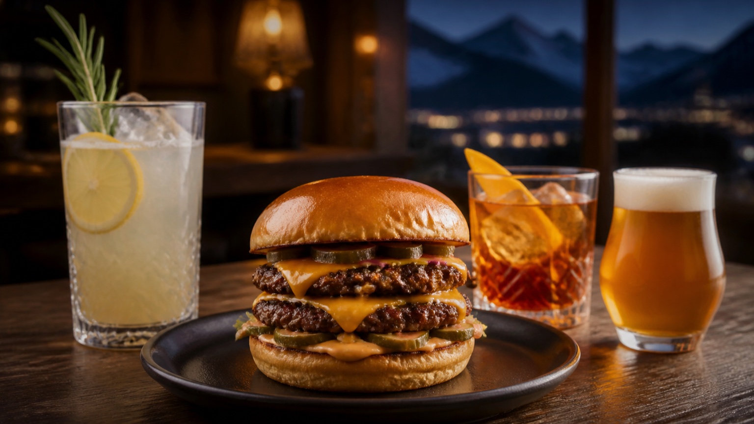 Smash burger avec cocktail mocktail et bière à Annecy